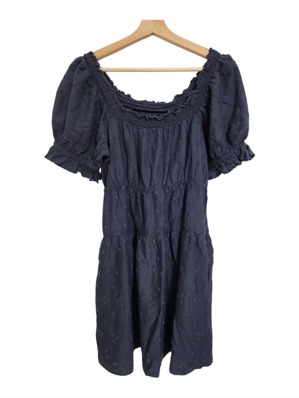 OLD NAVY Women Mini Dress Size XS Eyelet Tiered Puff Sleeve Boho Pockets